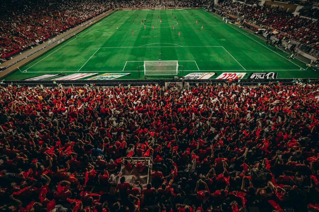 جماهير مصرية تهتف وتلوح بالأعلام في استاد القاهرة أثناء مباراة تصفيات كأس العالم 2025.