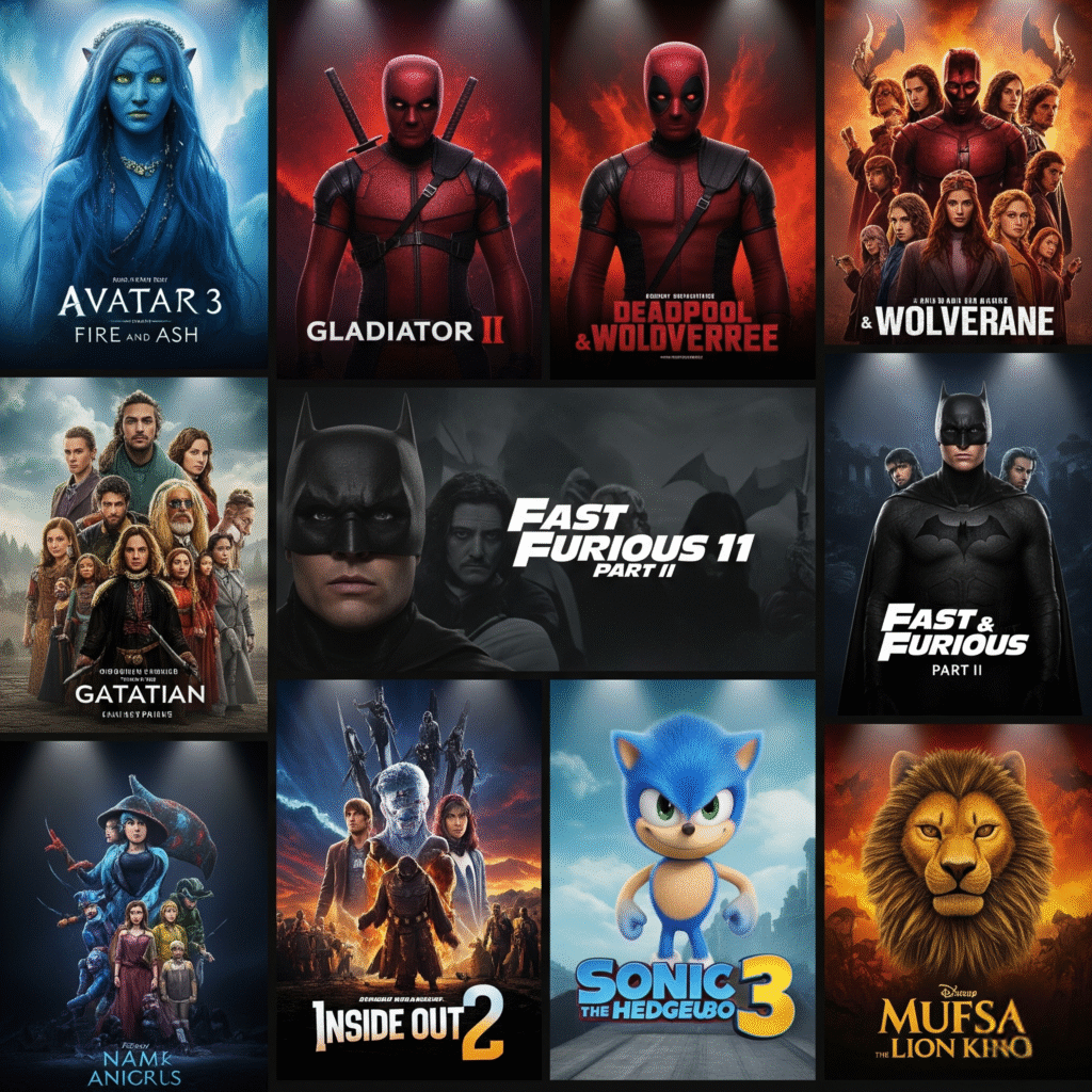 أبرز الأفلام العالمية الجديدة 2025 في كولاج سينمائي يضم Avatar 3، Gladiator II، Deadpool & Wolverine، The Batman 2، Fast & Furious 11 وInside Out 2"