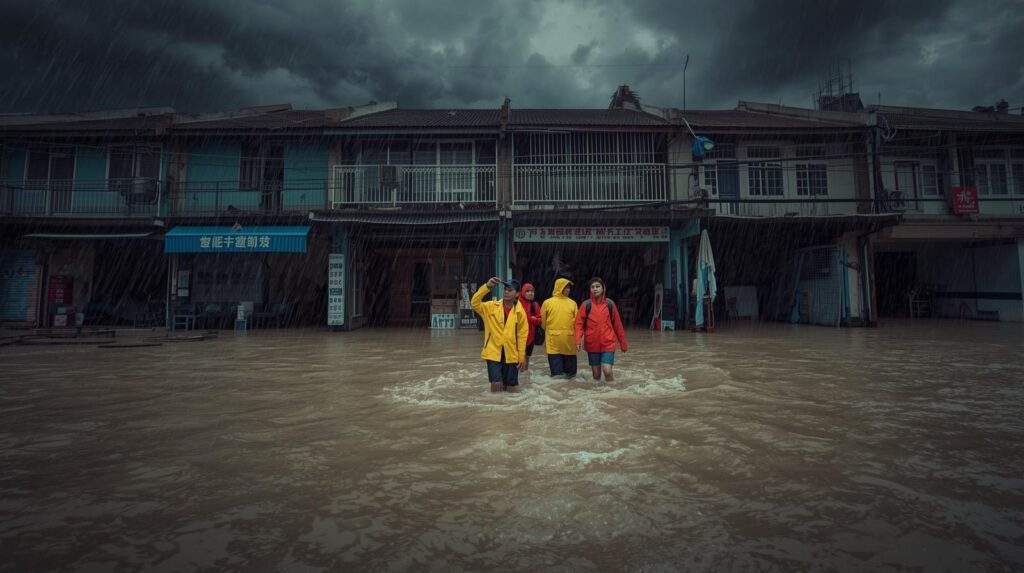 خريطة تظهر مسار Super Typhoon Ragasa مع الرياح العاتية والأمطار الغزيرة التي اجتاحت هونغ كونغ وتايوان، محدثة فيضانات واسعة وأضرار كبيرة."