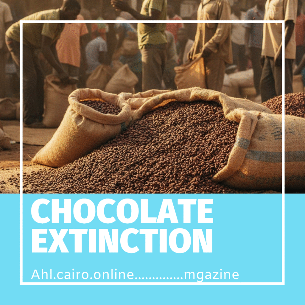 هل سيختفي طعم الشوكولاتة؟ الأزمة الحالية تهدد مستقبل الكاكاو عالميًا!” مزارع كاكاو أفريقي يقف بين أشجار كاكاو ذابلة بسبب الجفاف وتغير المناخ