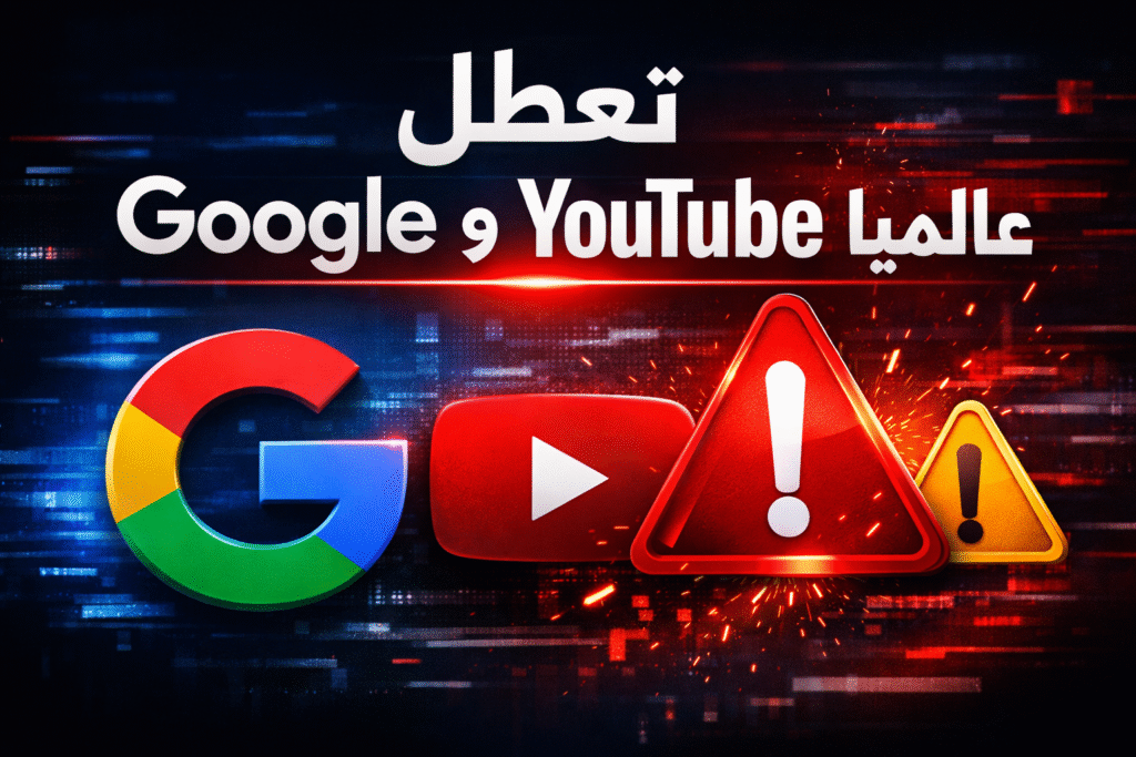تصميم إخباري احترافي يوضح تعطل منصتي Google وYouTube عالميًا، بأسلوب صحفي عصري يشبه CNN وBBC، مع رموز تحذير رقمية وألوان متدرجة جذابة، دون ظهور أشخاص."