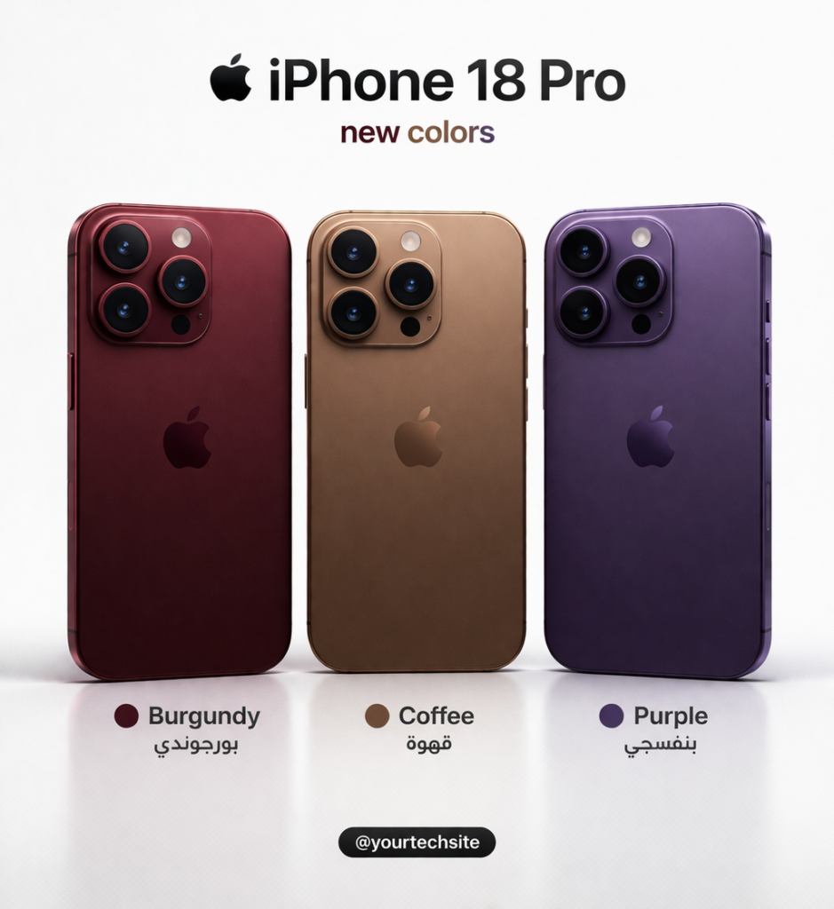 "iPhone 18 Pro بألوانه الجديدة بورجوندي، قهوة، وبنفسجي مع تصميم الكاميرات الثلاثية خلفية – أحدث إصدار من آبل لعام 2026"