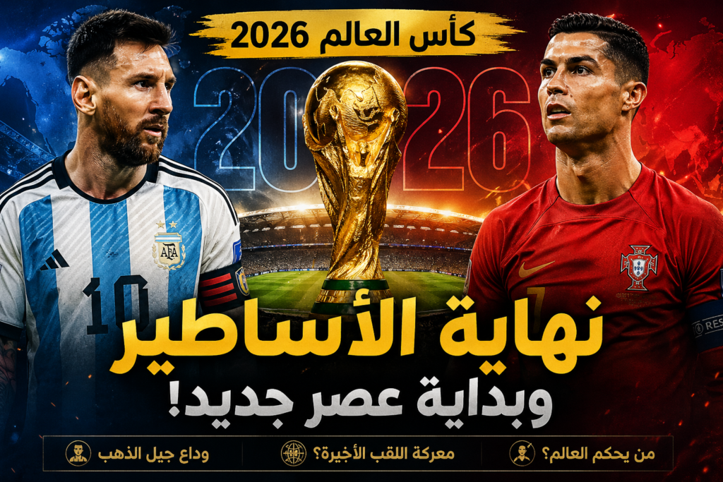 بوستر يجمع ميسي ورونالدو مع كأس العالم 2026 وشعار "نهاية الأساطير وبداية عصر جديد".